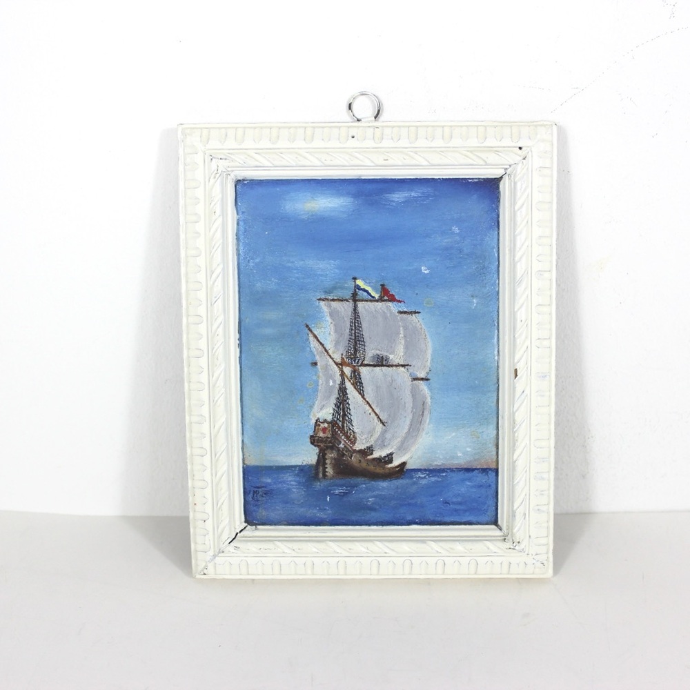 Vintage Miniature Painting of Sailing Ship, Clipper Nautical Original Art Old